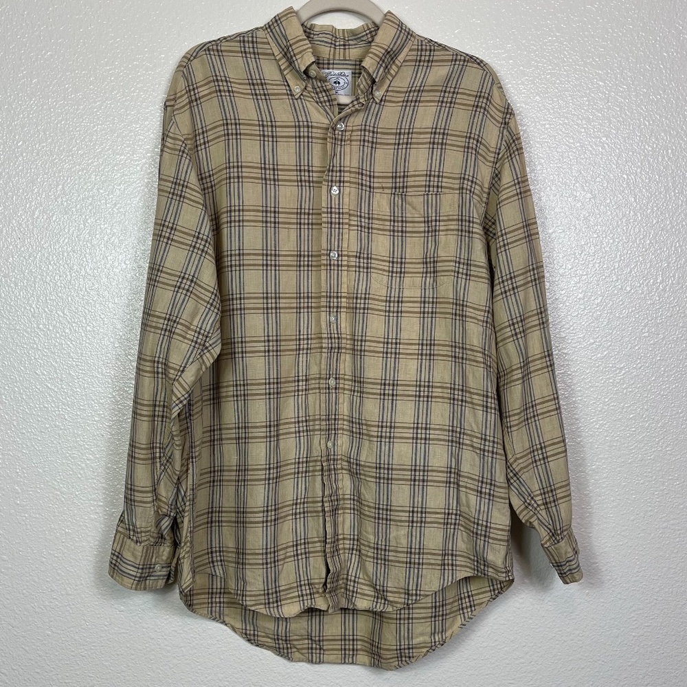 BROOKS BROTHERS Tan Plaid 100% Pure Irish Linen Button Down Shirt